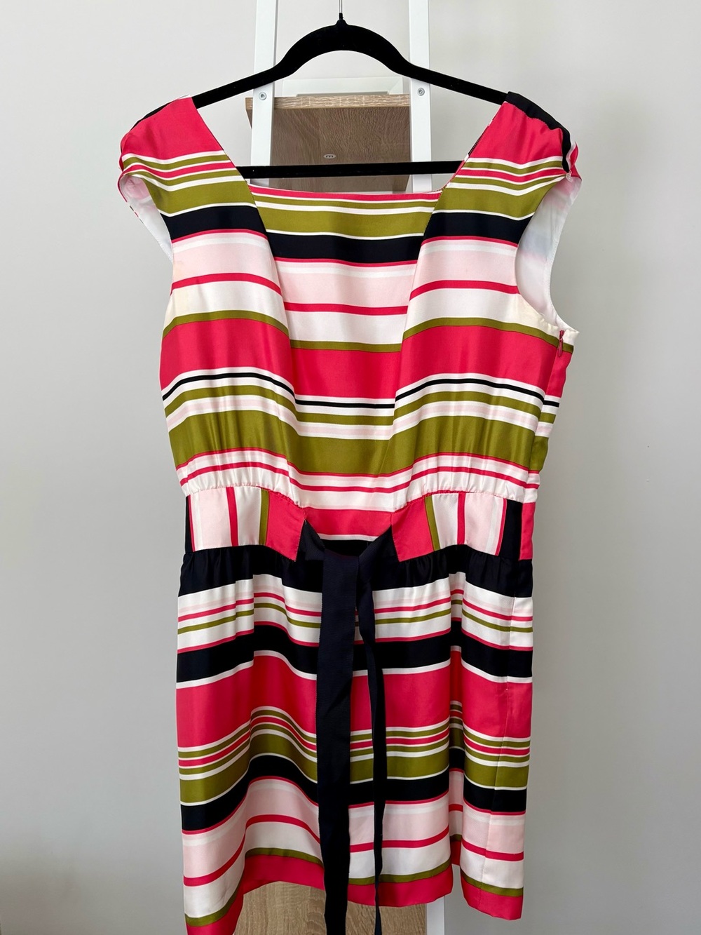 Milly of New York Pink, Olive & Navy Striped Cap-Sleeve Midi Dress